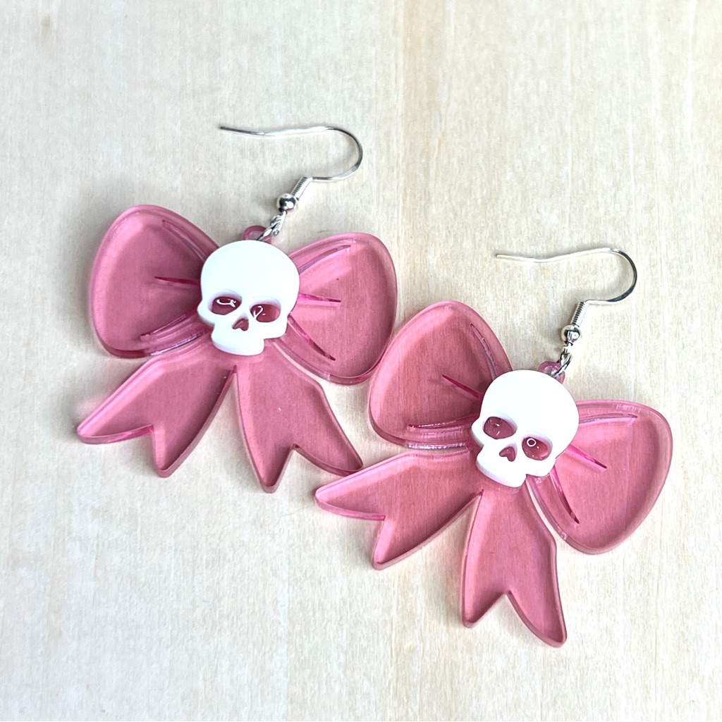 Pink Bow And Skull Earrings - Pastel Goth - Coquette - Clear Pink And White